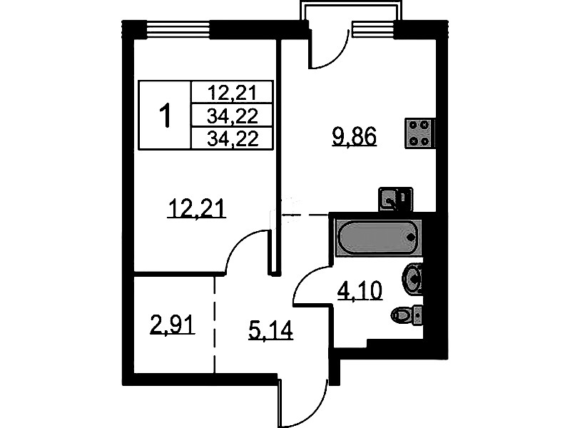1-комнатная квартира 34.22 м², 16/17 эт., ЖК «Невская Долина»